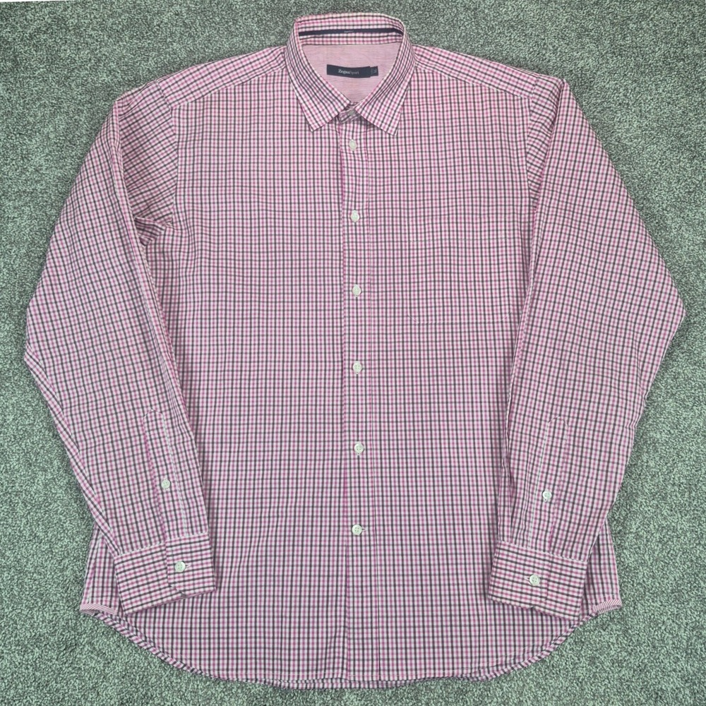 Ermenegildo Zegna Sport Shirt Mens XL Pink Gingham Long Sleeve Cotton Button